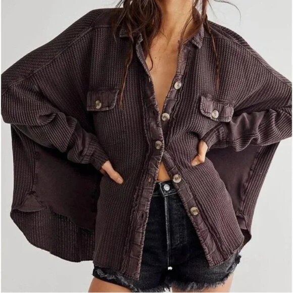 Free People One Brown Waffle Knit Scout Jacket - Picture 1 of 6